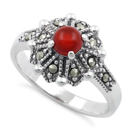 Black Diamond Rings-Sterling Silver Round Red Agate Flower Marcasite Ring