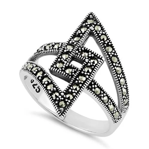 White Gold Rings-Sterling Silver Unique Square Marcasite Ring