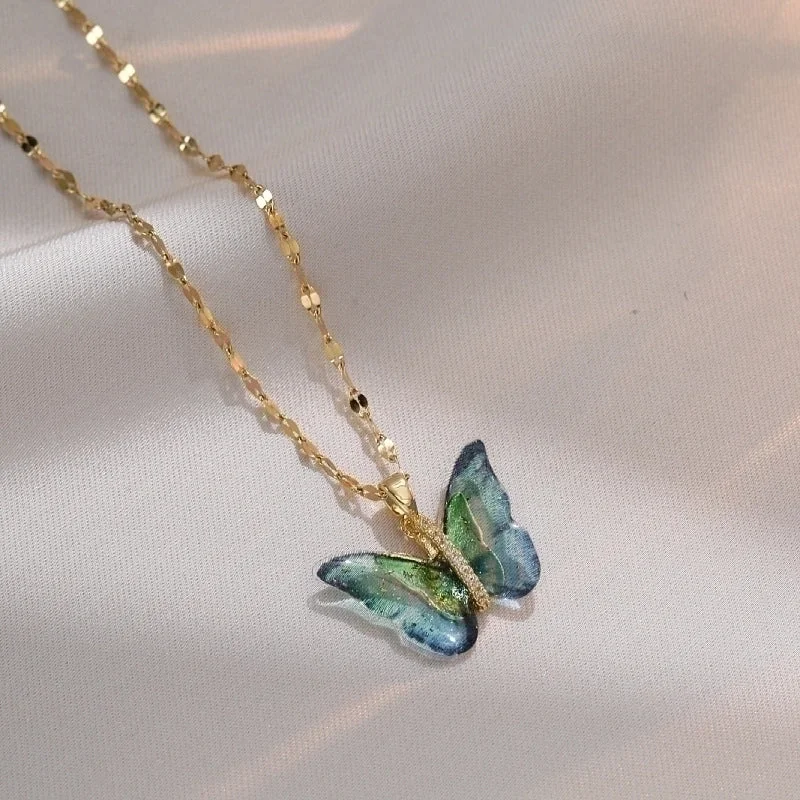 X1282 Golden Blue Colorful Butterfly Necklace {Pendant Together}