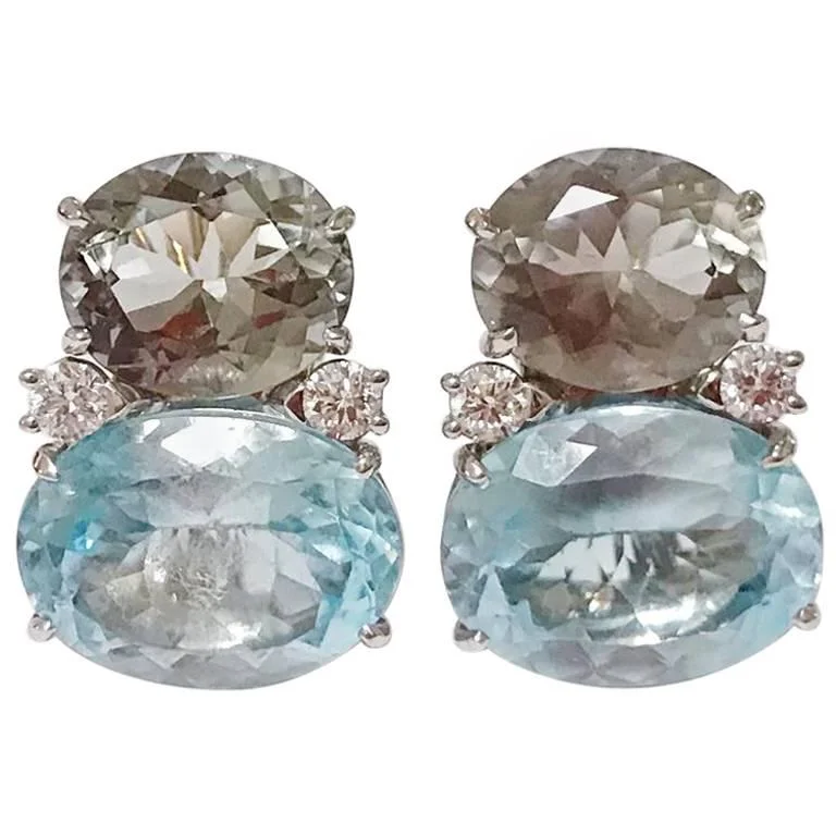 Geometric Stud Earrings-Large GUM DROP™ Earrings with Green Amethyst and Pale Blue Topaz and Diamonds