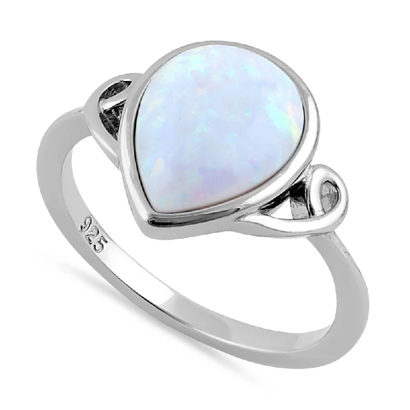 Engagement Rings for Women-Sterling Silver Curved White Lab Opal Pear Ring