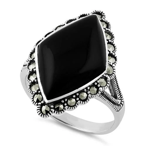 Ruby Rings-Sterling Silver Black Onyx Diamond Shape Marcasite Ring