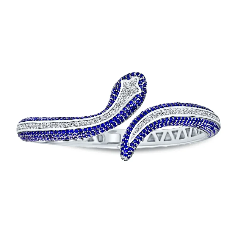 Personalized Bracelets with Birthstones-Exotic Serpent Bangle Bracelet with Cubic Zirconia in Rhodium Plated Finish