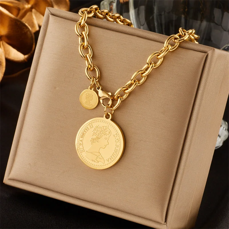 Fine Gold Necklaces-Coin Chain Geometric Titanium Steel Electroplating Necklaces