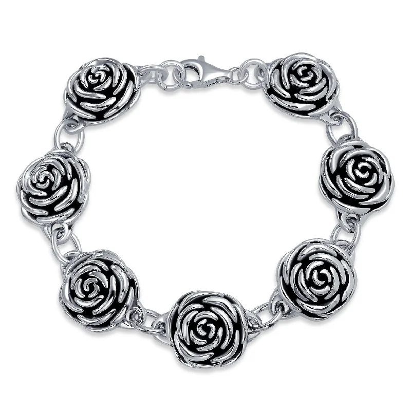 Diamond Bracelets-Antiqued Finish 3D Garden Flower Strand Bracelet Black Rose Oxidized Silver