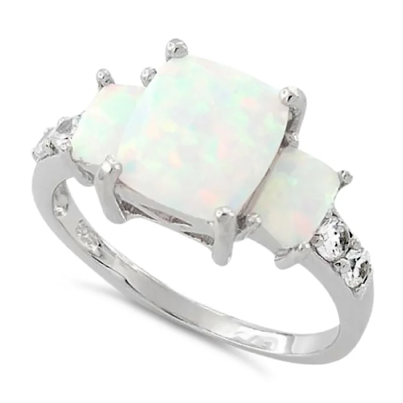 Personalized Gold Rings-Sterling Silver White Lab Opal Square CZ Ring