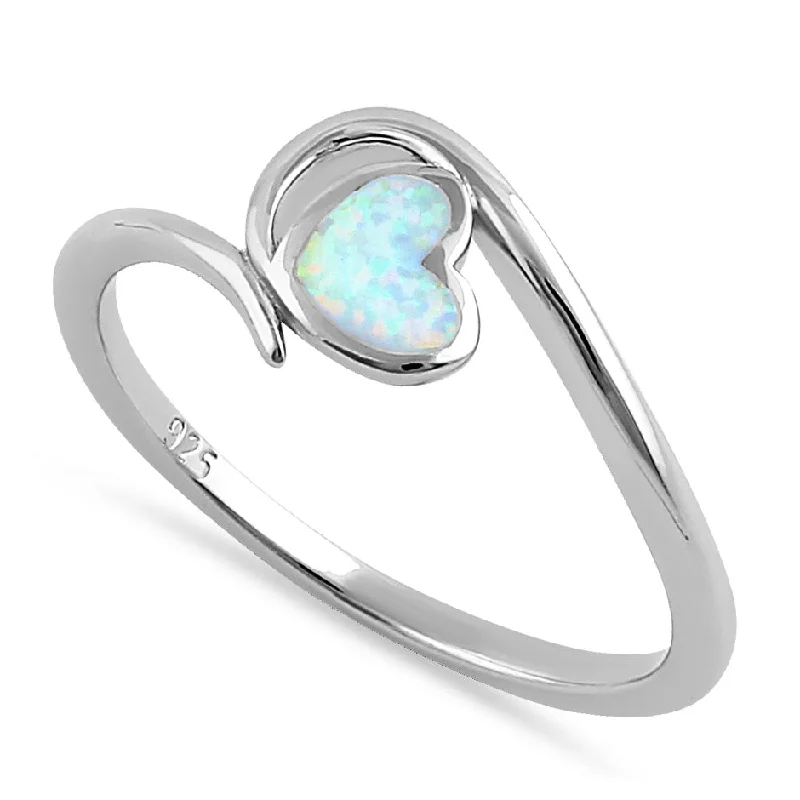 Spiritual Rings-Sterling Silver White Lab Opal Heart in Wave Ring