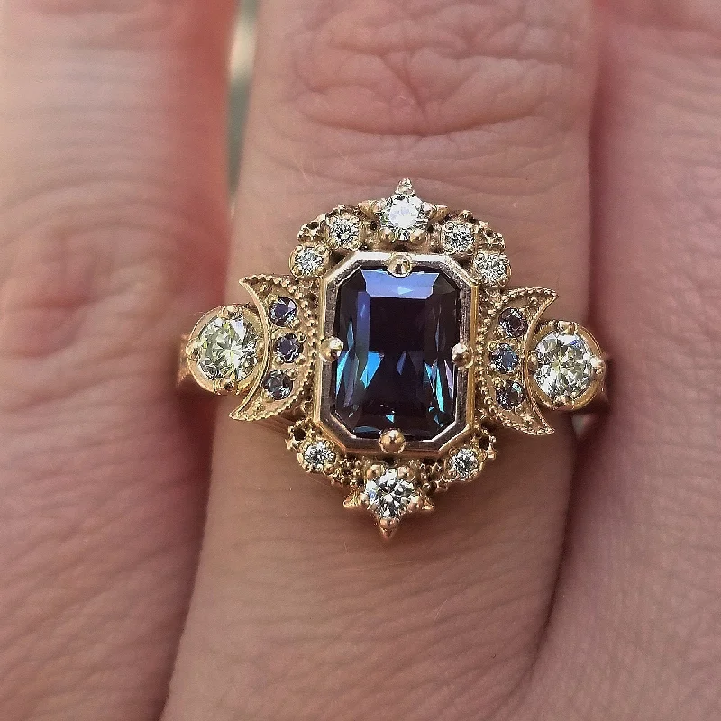 Vintage Gold Rings-Radiant Emerald Cut Alexandrite Selene Crescent Moon Engagement Ring - Diamonds and Chatham Alexandrite