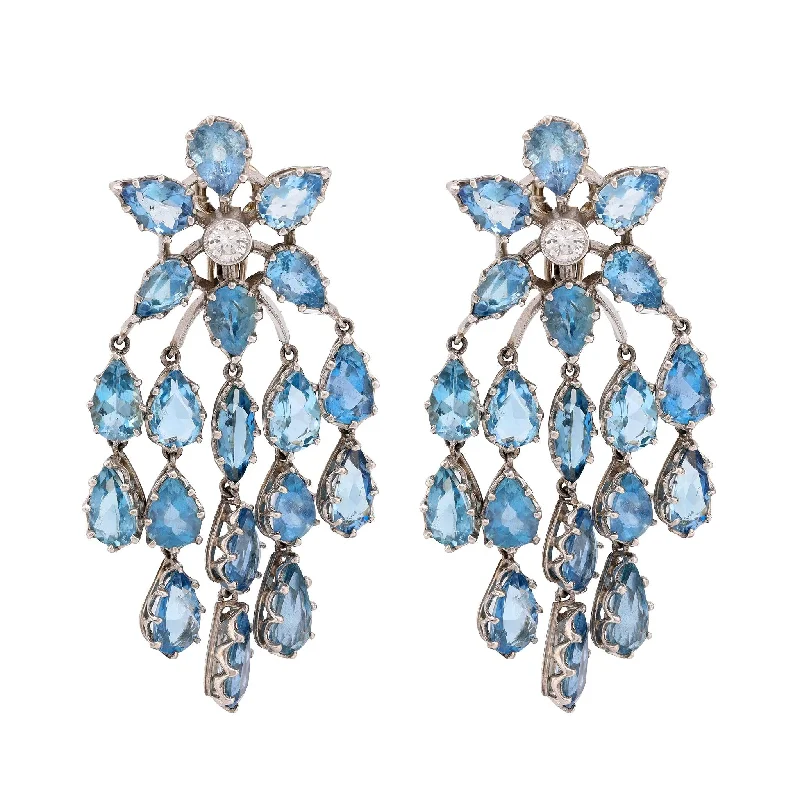 Vintage Earrings-Mid Century inspired 14 carat aquamarine diamond chandelier earrings