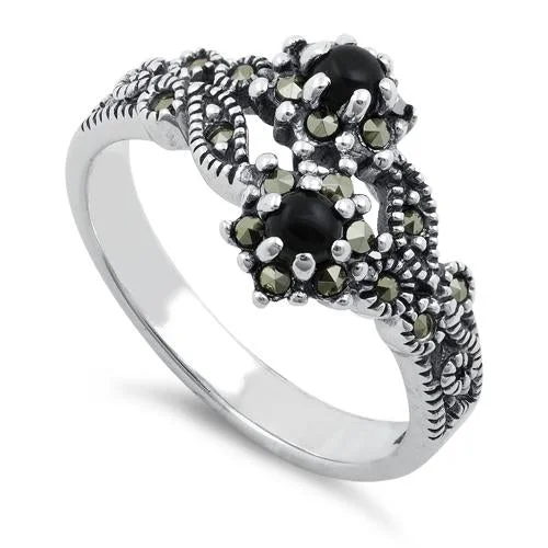 Matching Wedding Rings-Sterling Silver Black Onyx Double Flower Marcasite Ring