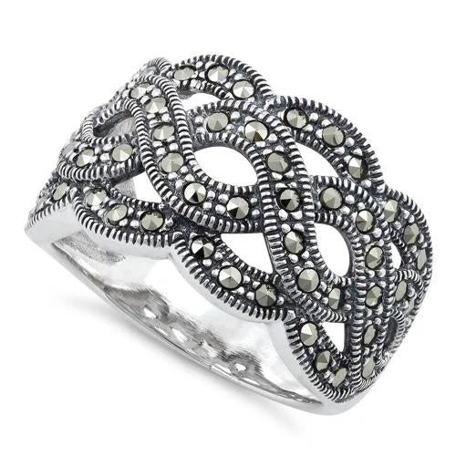 Unique Rings-Sterling Silver Swirl Marcasite Ring