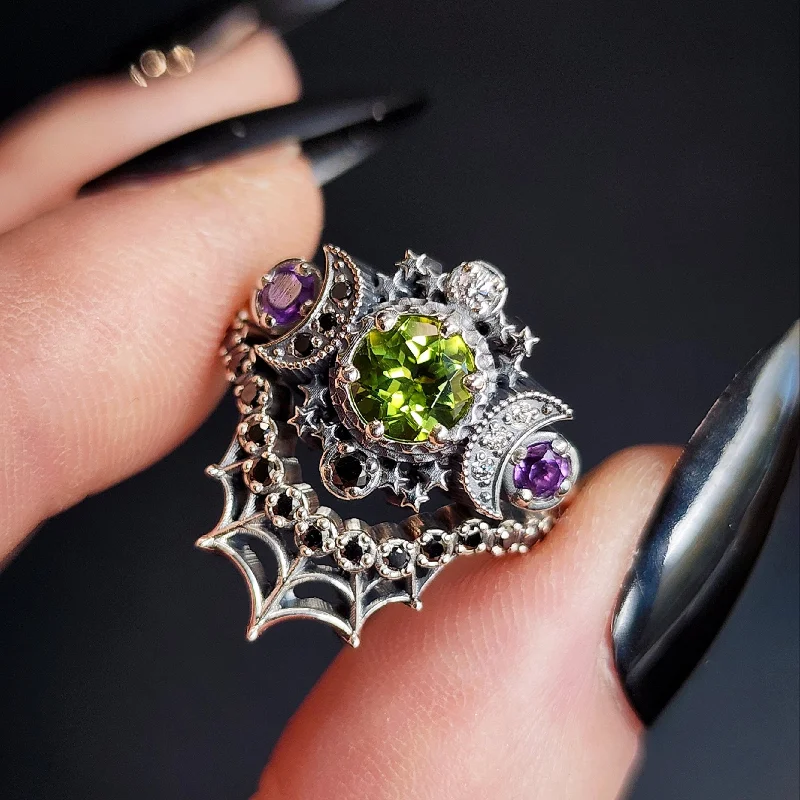 Oval Engagement Rings-Juice of the Beetle - Peridot & Amethyst Cosmos & Spider Web Wedding Ring Set Sterling Silver - Black & White Diamond Gothic Engagement Ring