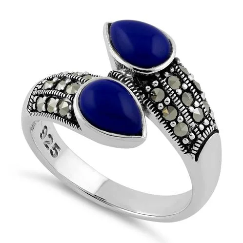 Vintage Engagement Rings-Sterling Silver Marcasite Pear Shape Blue Lapis Ring