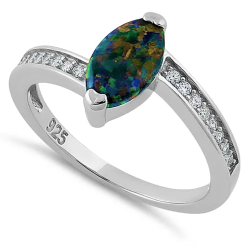 Vintage Platinum Rings-Sterling Silver Stylish Green-Black Lab Opal Marquise Cut & Clear CZ Ring