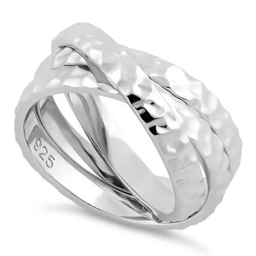 Solitaire Rings-Sterling Silver Hammered Tri-Band Ring