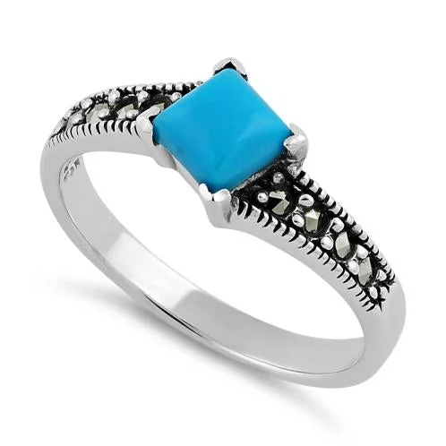 Engraved Rings-Sterling Silver Square Simulated Turquoise Marcasite Ring