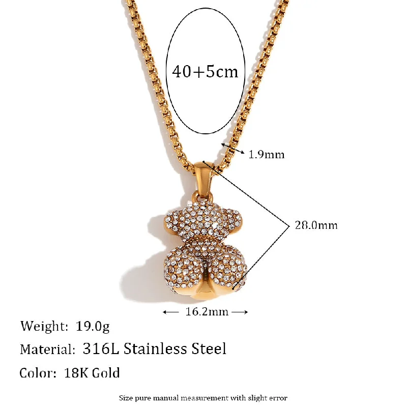 Square Pearl Chain Full Diamond Sitting Little Bear Pendant Necklace - Gold