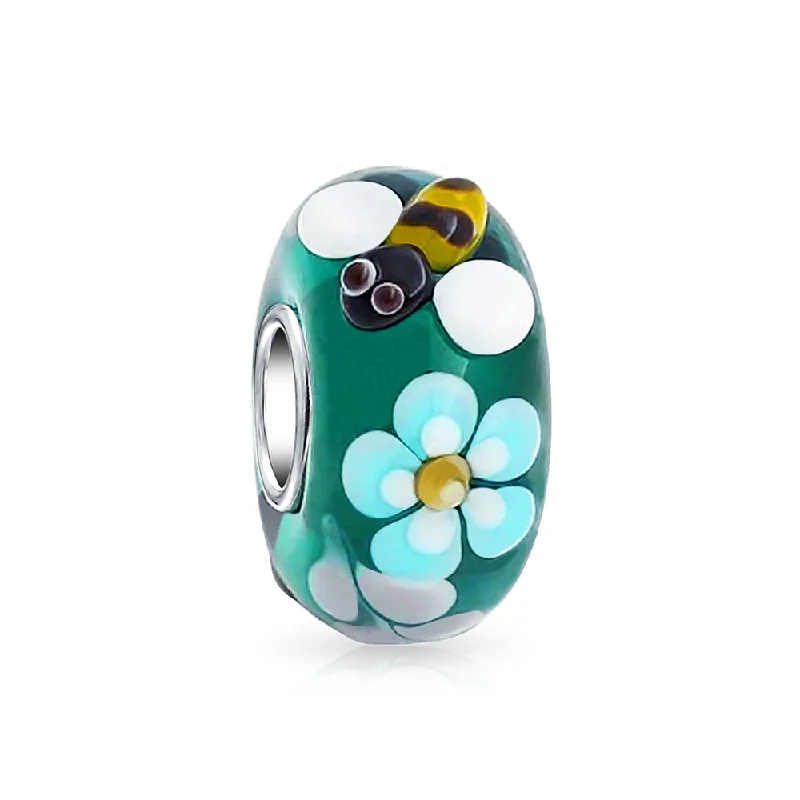 Religious Bracelets-Teal Silver Bee Flower Murano Glass Charm Bead for European Bracelets