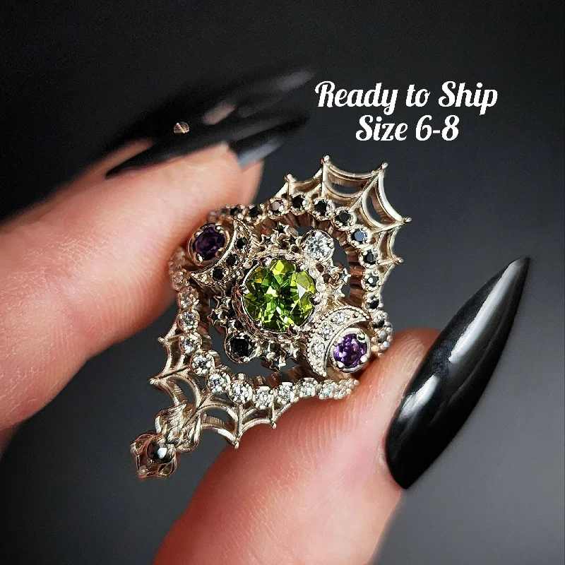 Customizable Diamond Rings-Ready to Ship Size 6-8 Juice of the Beetle - Peridot & Amethyst Spider Web Wedding Ring Set 14k Palladium White Gold - Black & White Diamond Gothic Engagement Ring