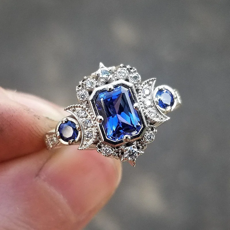 Silver Wedding Rings-Radiant Blue Sapphire Selene Crescent Moon Engagement Ring - Diamonds and Blue Chatham Sapphires - 14k Gold