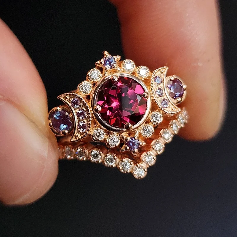 Matching Wedding Rings-Ready to Ship Size 6 - 7 - Selene Moon Goddess Ring Set - Rhodolite Garnet with Chatham Alexandrite and  White Diamonds - 14k Rose Gold with Pave Diamond Chevron