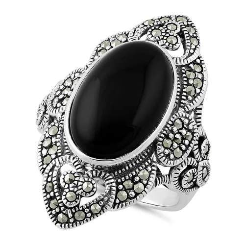 Religious Rings-Sterling Silver Oval Black Onyx Heart Marcasite Ring