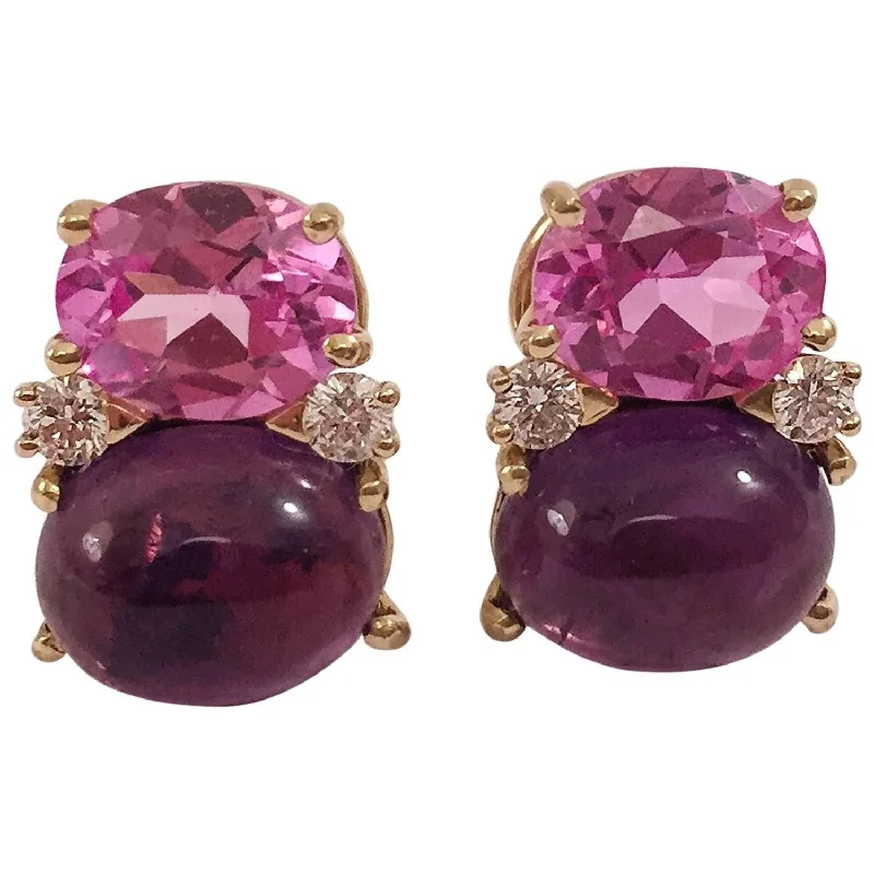 Diamond and Gold Earrings-Medium GUM DROP™ earrings With Pink Topaz and Cabochon Amethyst and Diamonds