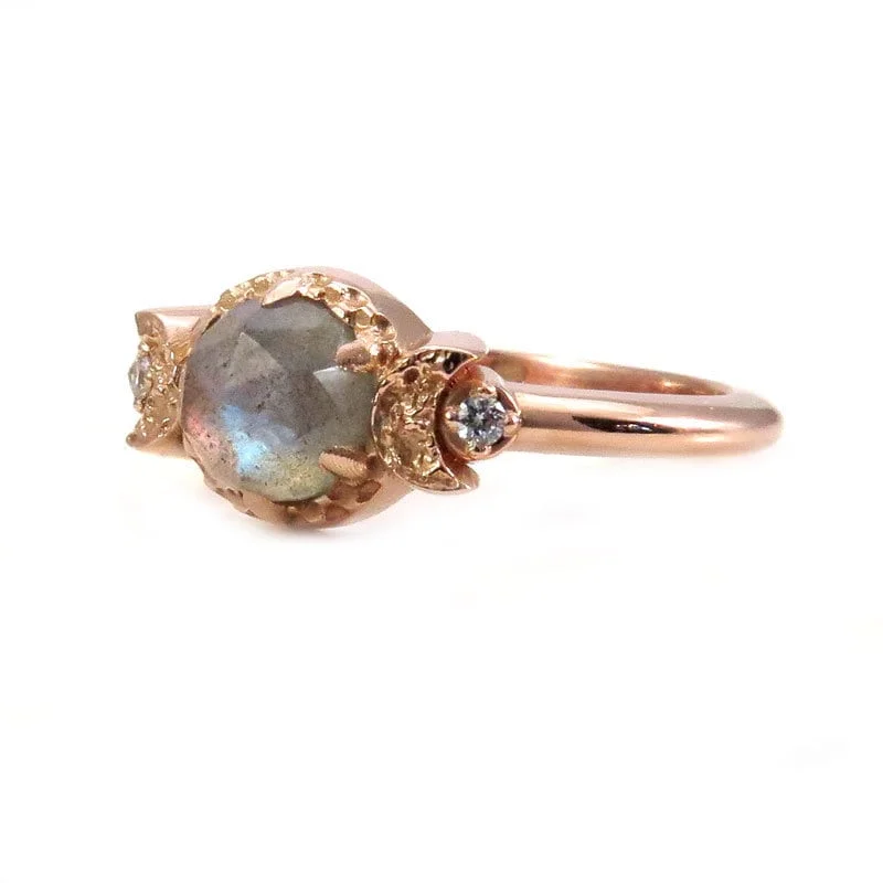 Moon Rings-Labradorite and Diamond Moon Goddess Engagement Ring - Gothic Victorian Rose Gold Ring