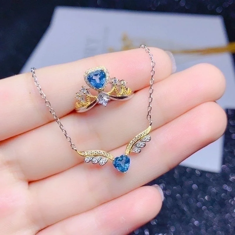 Zodiac Sign Necklaces-New Angel Wing Necklace Heart-shaped Blue Topaz Color Ring Pendant Copper Set