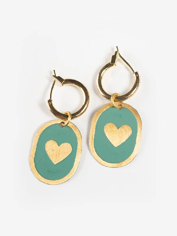 Crystal Stud Hoop Earrings-Enamel Heart Huggie Earrings - Sage