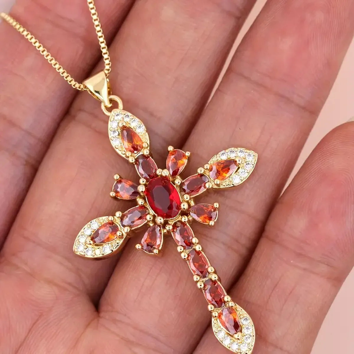 Gothic Necklaces-Glam Lady Shiny Cross Flower Copper 18k Gold Plated Zircon Pendant Necklace In Bulk