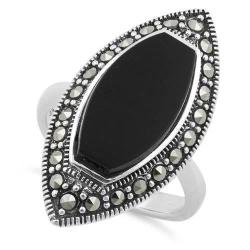 Gemstone Engagement Rings-Sterling Silver Black Onyx Marquise Marcasite Ring