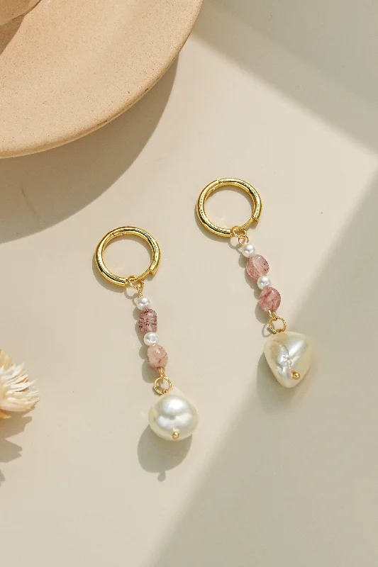 Metal Earrings-Celestial Blush Strawberry Quartz Pearl Earrings