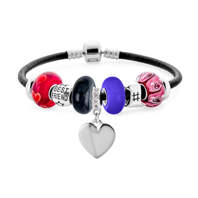 Personalized Men’s Leather Bracelets-Word #1 BFF Best Friends Multi-Color Charm Bracelet with Sterling Silver Clasp