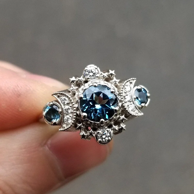 Butterfly Rings-London Blue Topaz and Diamond Cosmos Engagement Ring - Triple Moon Goddess White Gold Jewelry