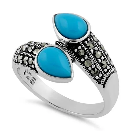 Trendy Rings-Sterling Silver Marcasite Pear Shape Simulated Turquoise Ring