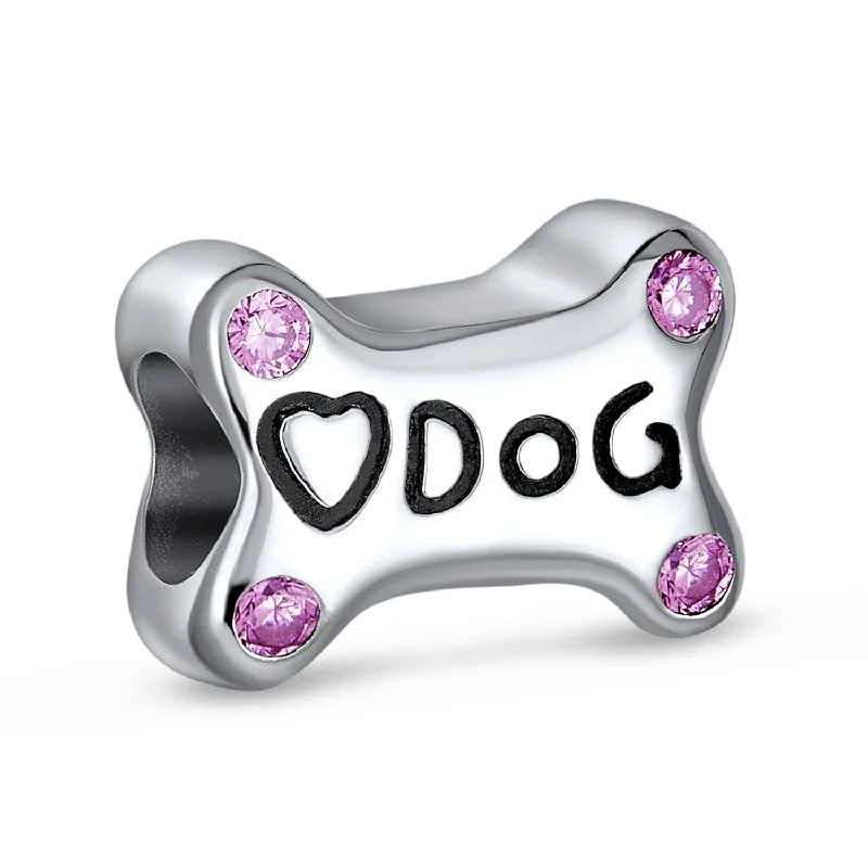 Birthstone Bracelets-Sterling Silver Dog Bone Pink CZ Heart Charm Bead Bracelet Puppy Pet Theme