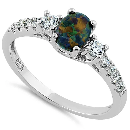 Rose Gold Rings-Sterling Silver Enchanted Oval Green-Black Lab Opal CZ Ring