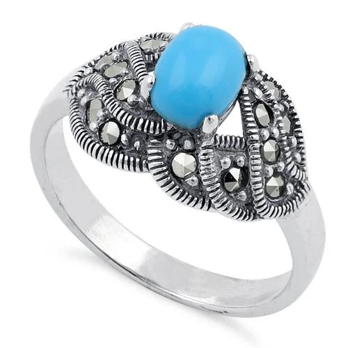 Oval Engagement Rings-Sterling Silver Simulated Turquoise Oval Marcasite Ring