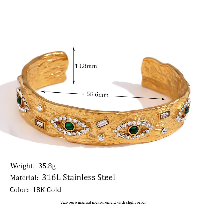 Malachite Eye Beat Pattern Water Diamond Open Bracelet - Gold