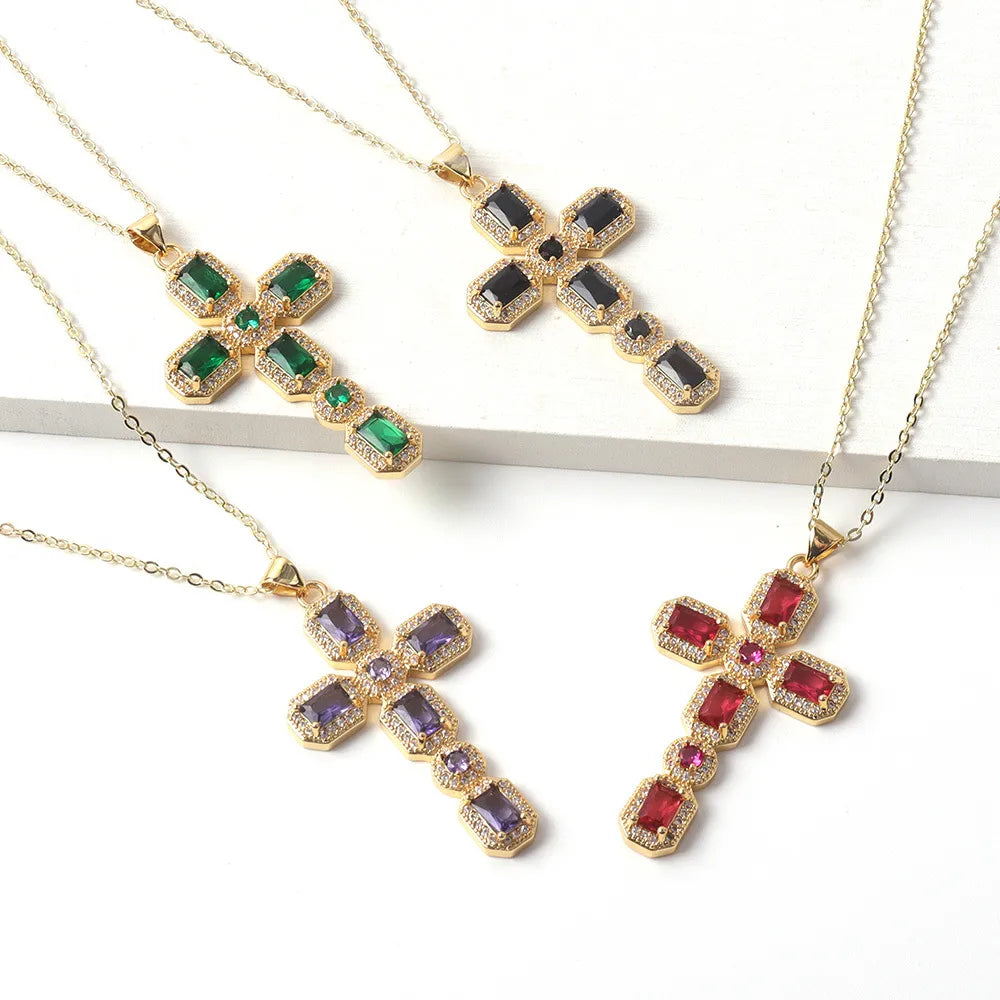 Custom Made Necklaces-Copper Simple Style Classic Style Inlay Cross Rhinestones Pendant Necklace