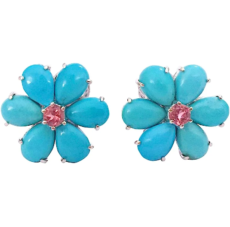 Handcrafted Drop Earrings-Rubelite Turquoise Gold Flower Earrings