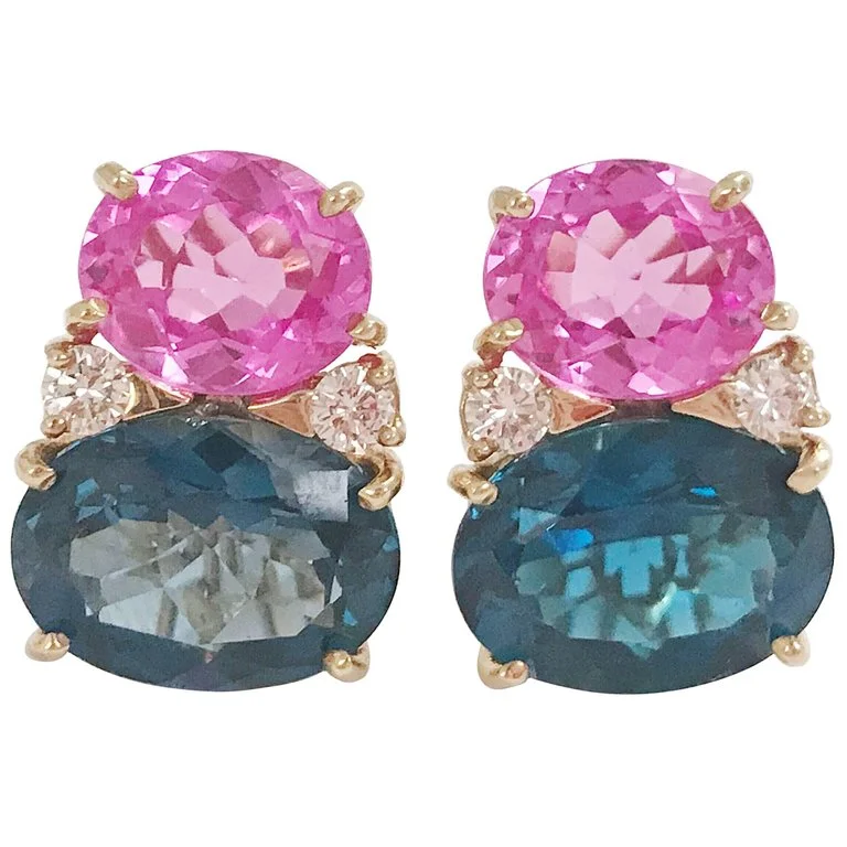 Large Drop Earrings-Large GUM DROP™ Earrings with Hot Pink and Deep Blue Topaz and Diamonds