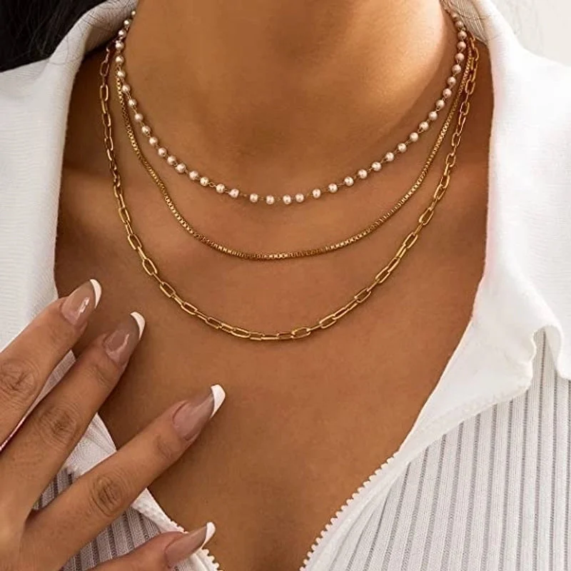 Modern Necklaces-Fashion 18k Gold Stainless Steel Small Pearl Chain Three-layer Necklace Women