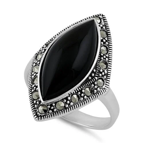 Sapphire Rings-Sterling Silver Marquise Black Onyx Marcasite Ring