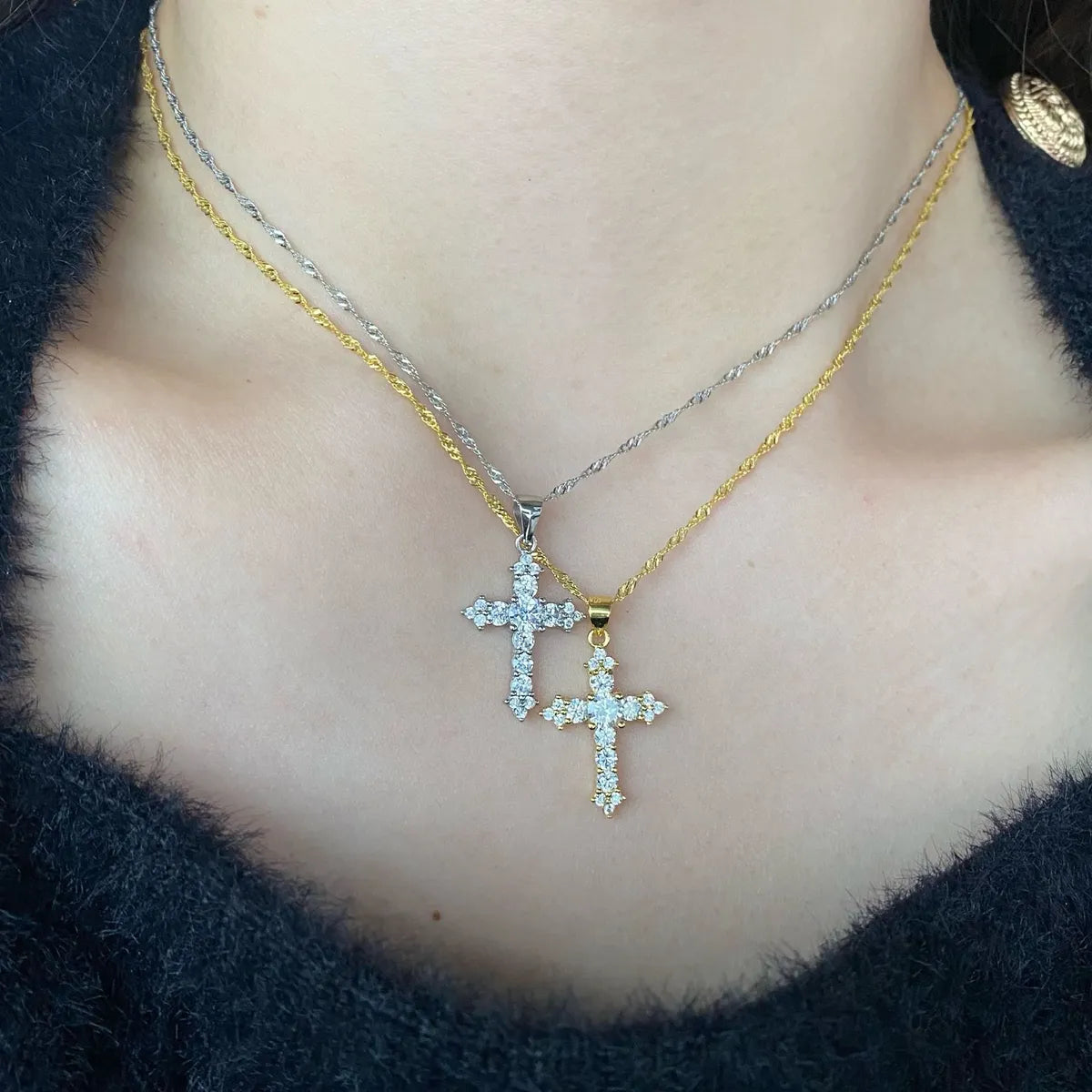 14K Gold Necklaces-Fashion Cross Sterling Silver Plating Zircon Pendant Necklace