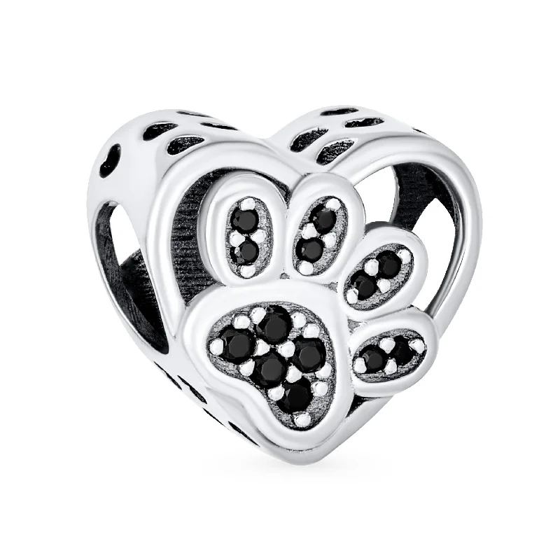 Designer Custom Bracelets-Black CZ Heart Paw Print Charm Bead for Pet Lovers - Fits European Bracelet