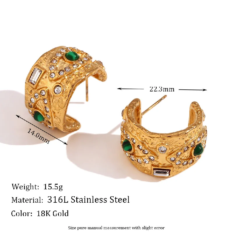 Malachite Eye Punch Pattern Water Diamond C-shaped Earrings - Gold