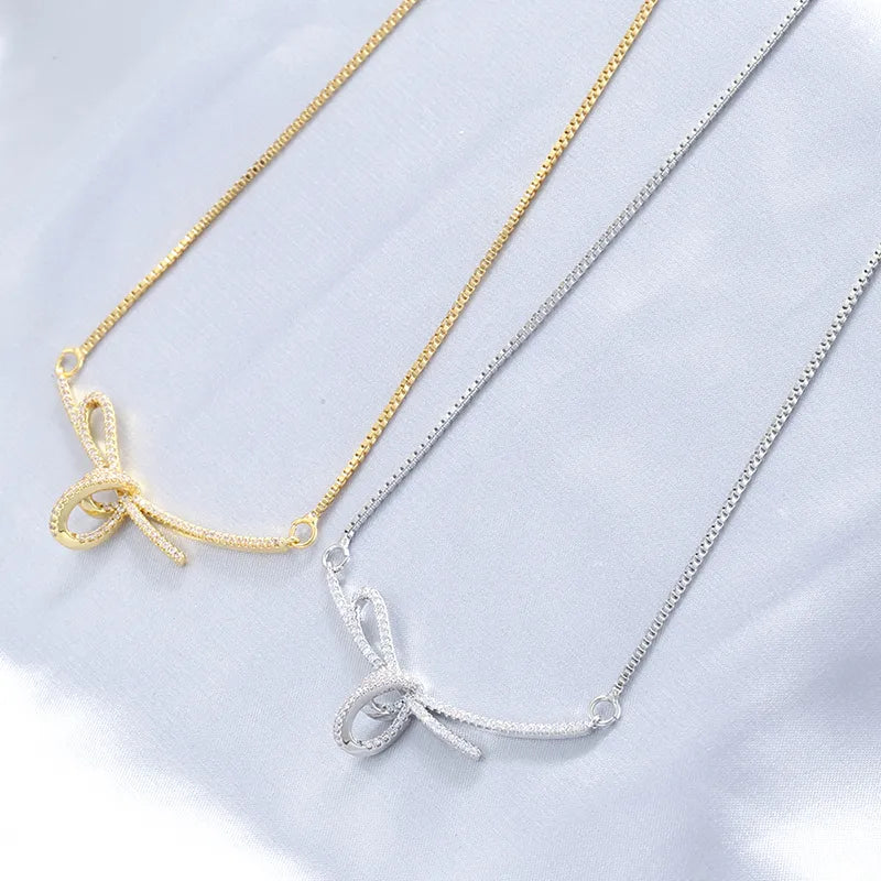 Luxury Pendant Necklaces-Copper 18K Gold Plated Casual Simple Style Commute Plating Inlay Bends And Hitches Bow Knot Zircon Pendant Necklace