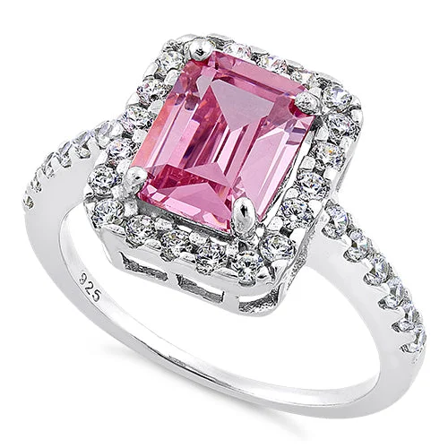 Custom Gemstone Rings-Sterling Silver Pink Halo CZ Ring